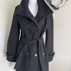 Calvin Klein Black Textured Double-Breasted Belted Trench Coat